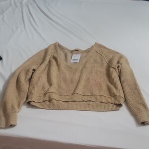 Free People Tan V-Neck Cropped Sweater